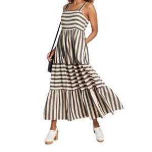 Knox Rose Sleeveless A-Line Tiered Midi Dress ~ Beige & Black Stripe ~ Sz Medium